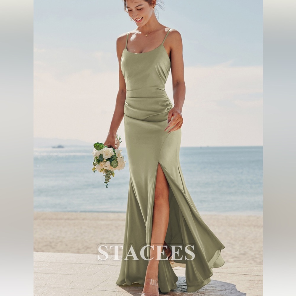 Stacees Trumpet Mermaid Dress in Celadon. Stretch satin, NWT